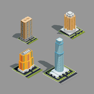 3D立体建筑摩天大楼建筑城市生活大厦都市高层公寓矢量图